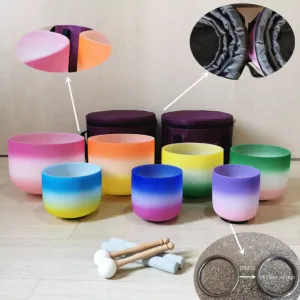 7 Pastel Ombre Colored Frosted Quartz Crystal Singing Bowl Set   2 FREE Carrying Cases
