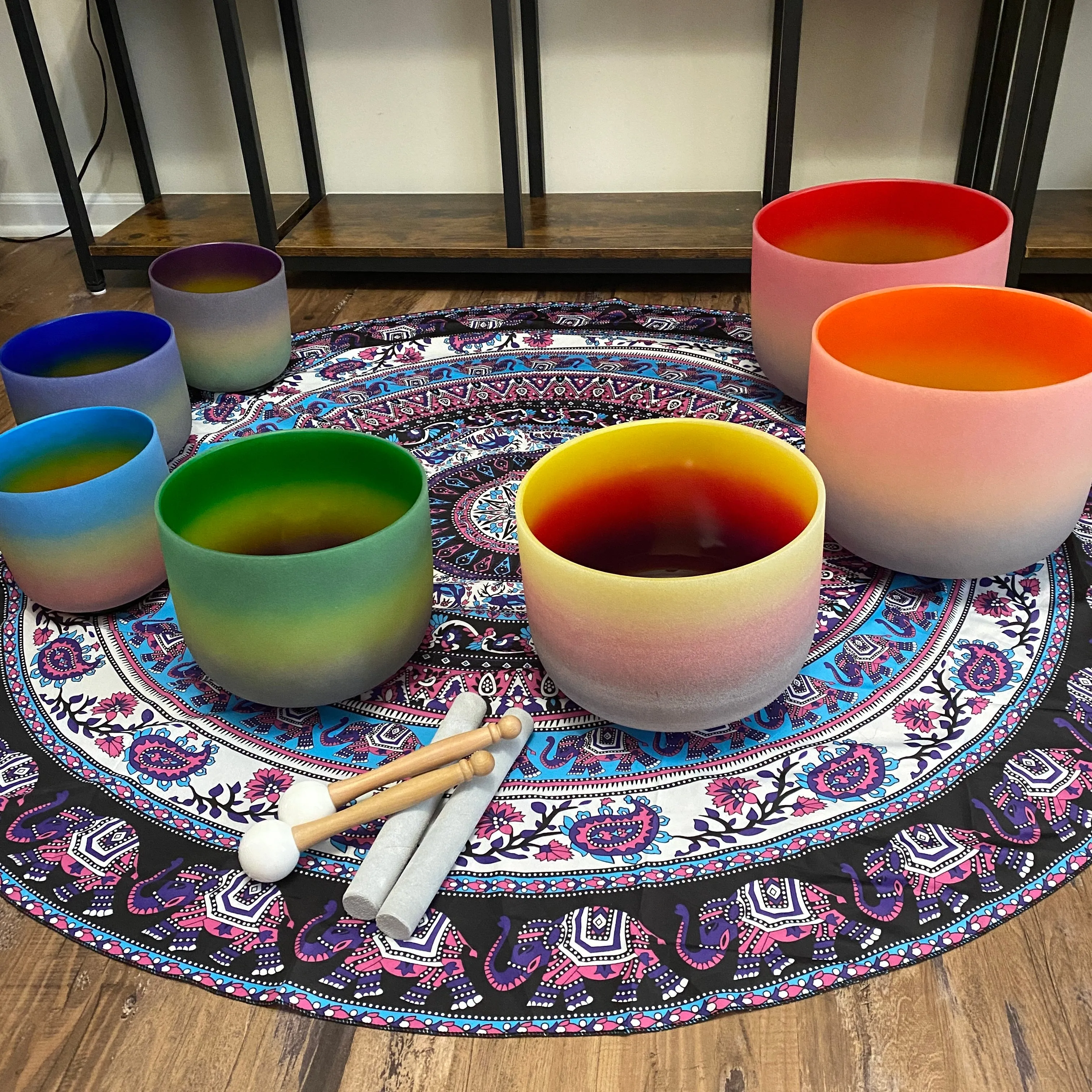 7 Rainbow Ombre Colored Quartz Crystal Singing Bowl - Chakra Set   2 FREE Carrying Cases