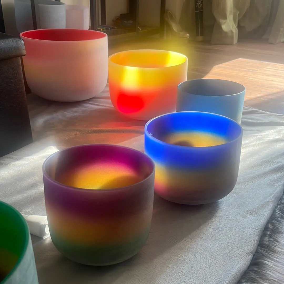 7 Rainbow Ombre Colored Quartz Crystal Singing Bowl - Chakra Set   2 FREE Carrying Cases