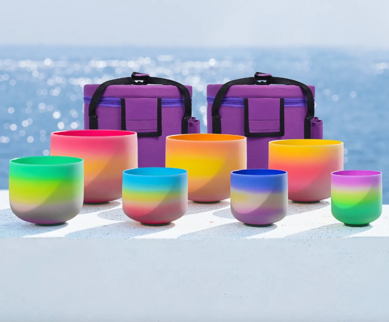 7 Rainbow Ombre Colored Quartz Crystal Singing Bowl - Chakra Set   2 FREE Carrying Cases
