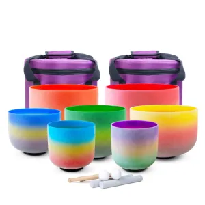 7 Rainbow Ombre Colored Quartz Crystal Singing Bowl - Chakra Set   2 FREE Carrying Cases