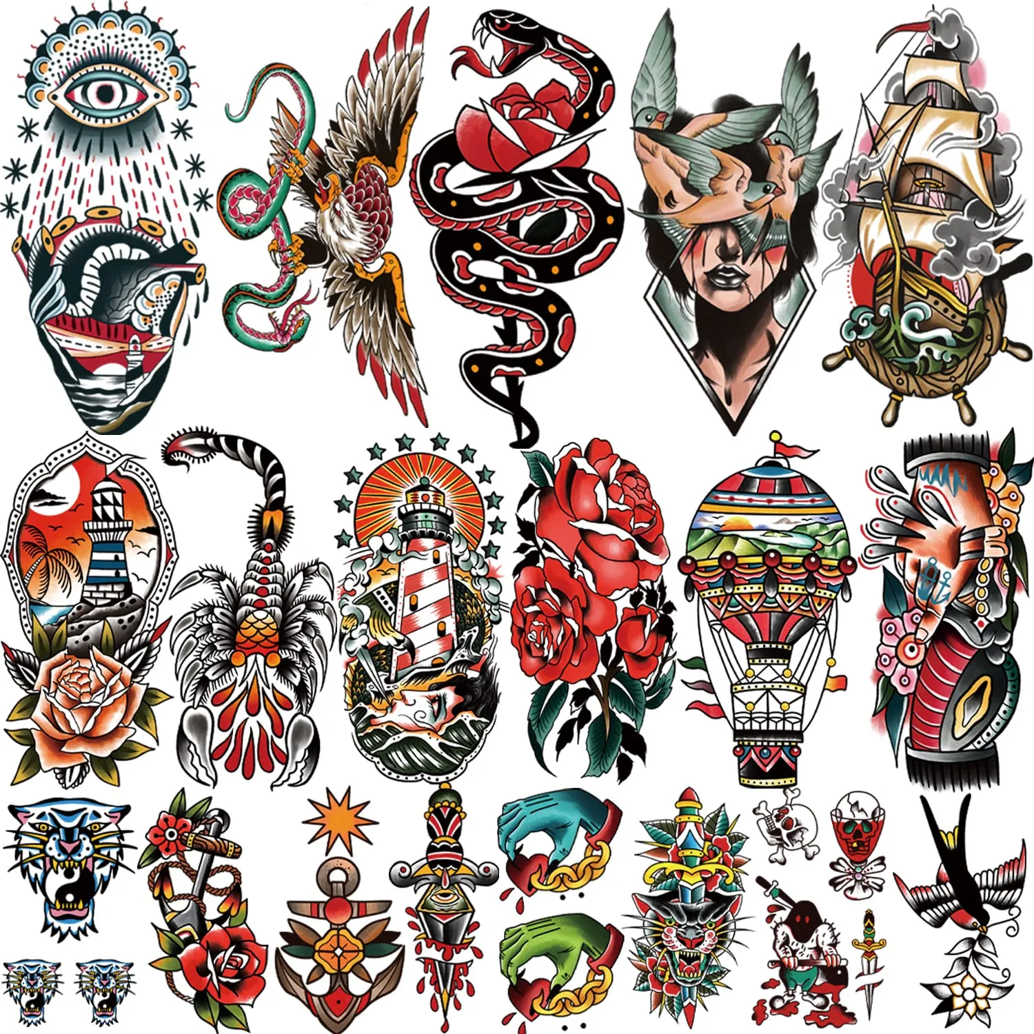 77 Sheets Sailor Jerry Style Fake Tattoo, Music Christian Tattoo, 12 Temporary Tattoo Markers