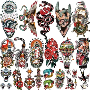77 Sheets Sailor Jerry Style Fake Tattoo, Music Christian Tattoo, 12 Temporary Tattoo Markers