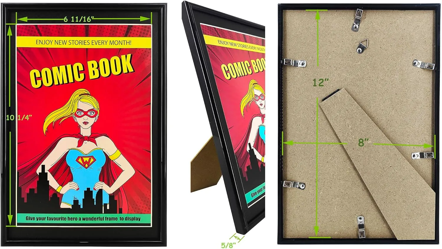 8 Pack, Comic Book Frame with Black Mat, UV Protection, Fits Current and Standard Size Comic up to 6 3/4" x 10 1/4", Fits Comic Book Bags and Sleeves, Wall or Tabletop Display