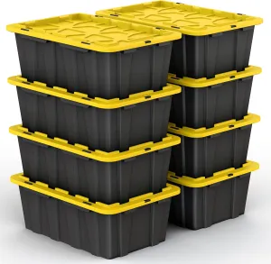 8 PACK of Medium 12 Gallon Plastic Storage Bin Tote Organizing Container with Ultra Durable Secure Latching Lids, Stackable, Extra Strength Clear with Built in Handle - Black and Yellow