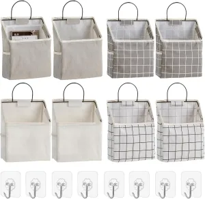 8 Pack Wall Hanging Storage Bags, Wall Hanging Organizer Basket Cotton Linen Storage Hanging Caddy Bag with 10 Pieces Sticky Hooks for Door Closet Dormitory Bathroom Living Room