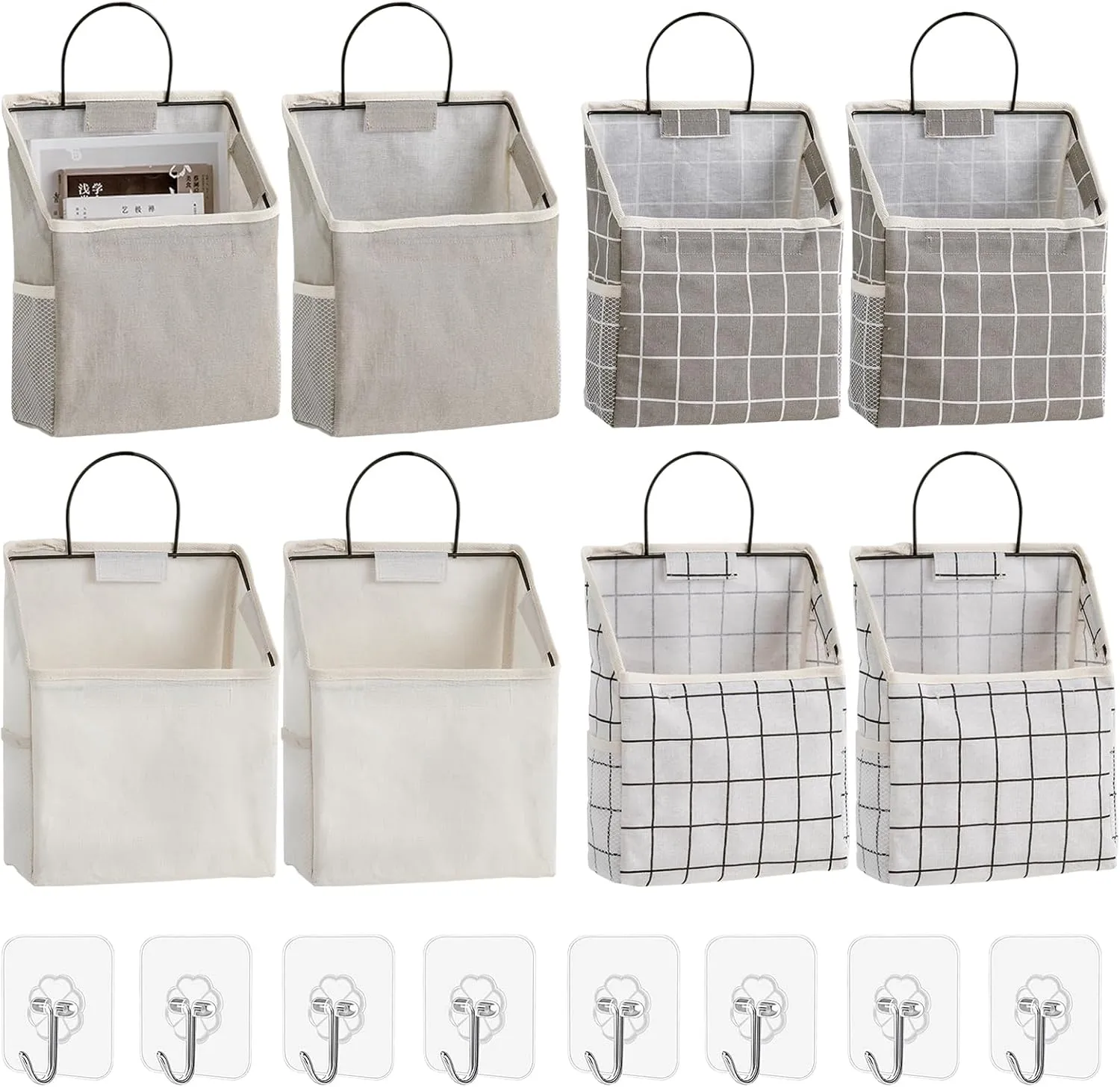 8 Pack Wall Hanging Storage Bags, Wall Hanging Organizer Basket Cotton Linen Storage Hanging Caddy Bag with 10 Pieces Sticky Hooks for Door Closet Dormitory Bathroom Living Room