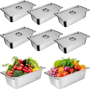 8 Packs Stainless Steel Hotel Pans With Lids 1/4 Size x 6" Deep Steam Table Commercial Food Storage Containers Stackable Metal Steamer Anti-Jam Restaurant Warm Pans