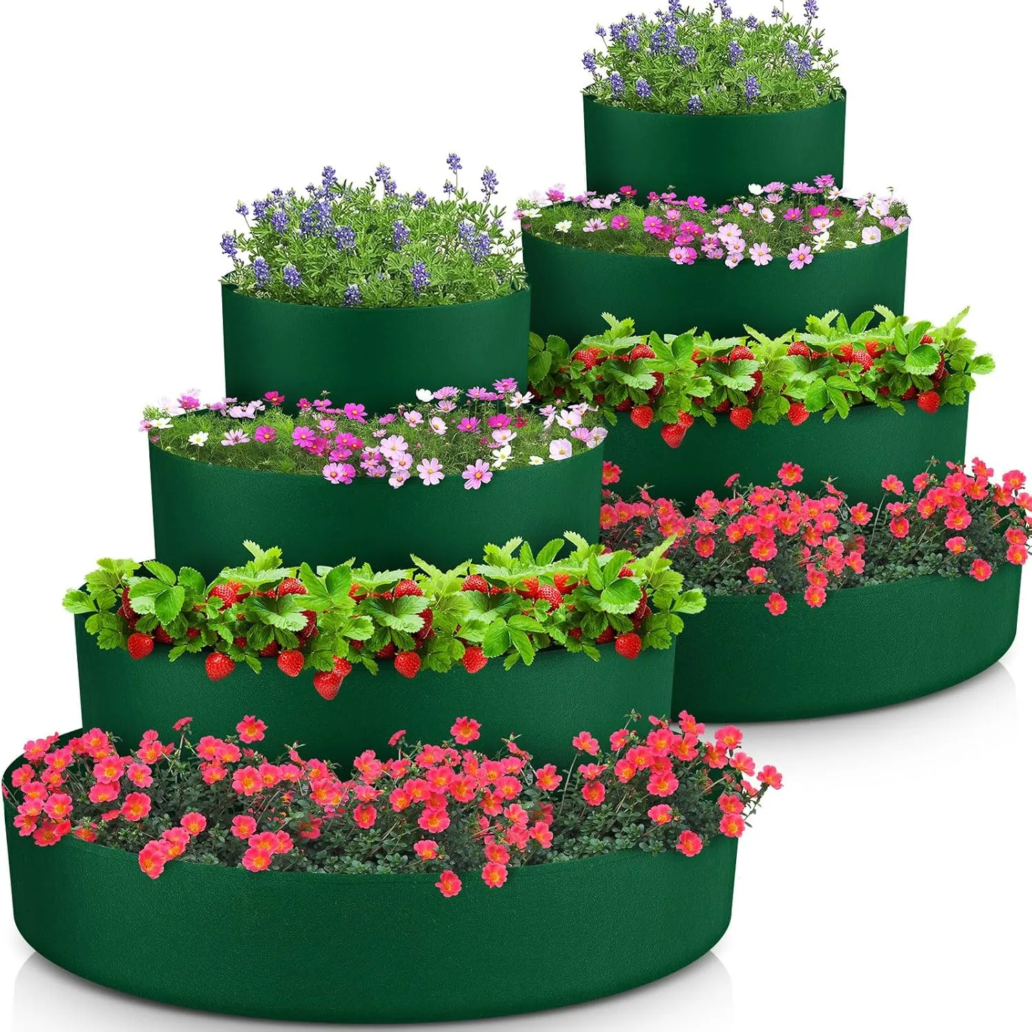 8 Pcs Tiered Strawberry Planter Fabric Raised Garden Planting Beds Heavy Duty Plant Grow Bags Breathable Non Woven Container for Vegetables Flower Herbs Gardening Outdoor (Green)