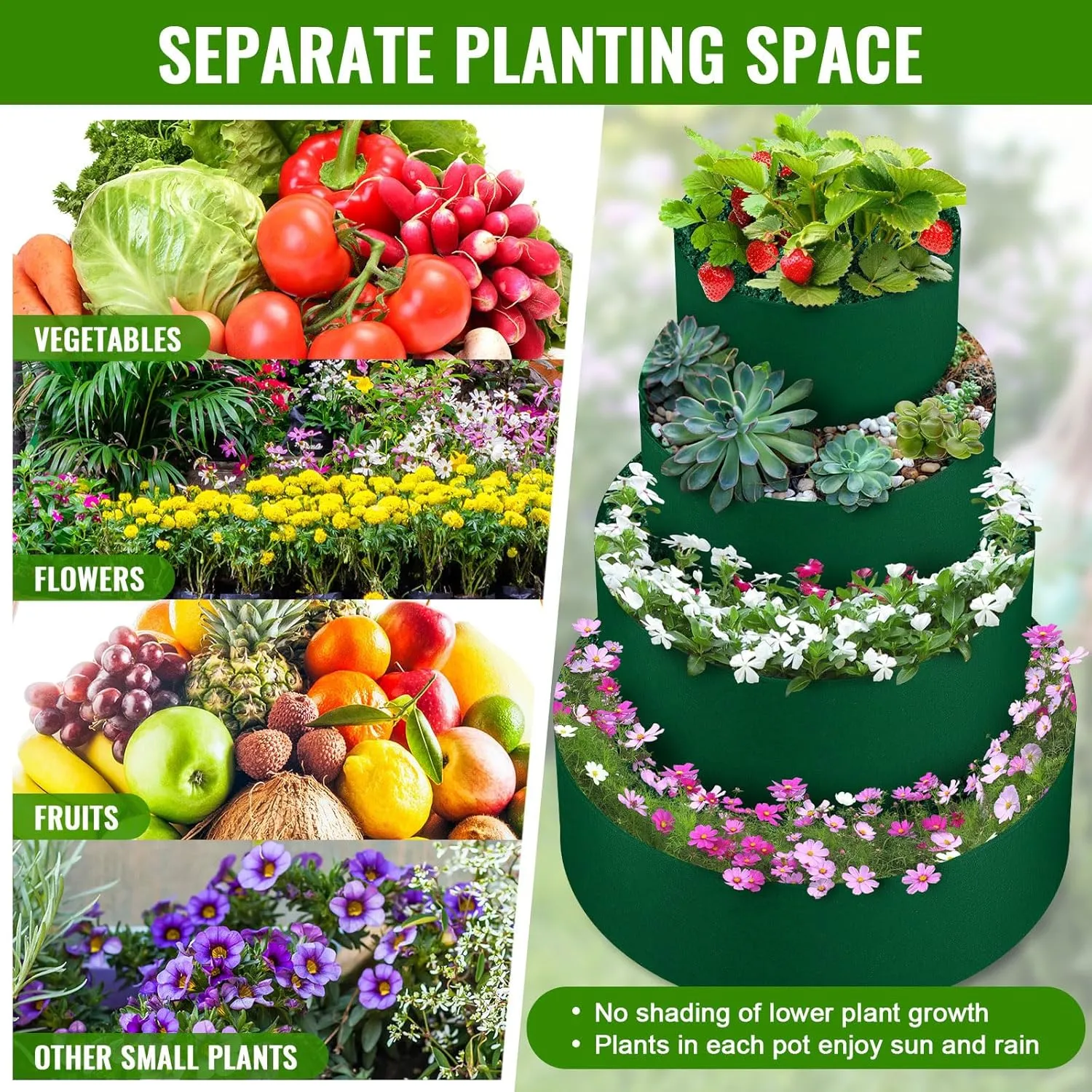 8 Pcs Tiered Strawberry Planter Fabric Raised Garden Planting Beds Heavy Duty Plant Grow Bags Breathable Non Woven Container for Vegetables Flower Herbs Gardening Outdoor (Green)