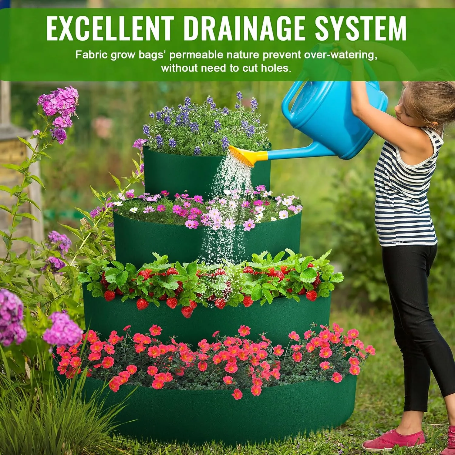 8 Pcs Tiered Strawberry Planter Fabric Raised Garden Planting Beds Heavy Duty Plant Grow Bags Breathable Non Woven Container for Vegetables Flower Herbs Gardening Outdoor (Green)