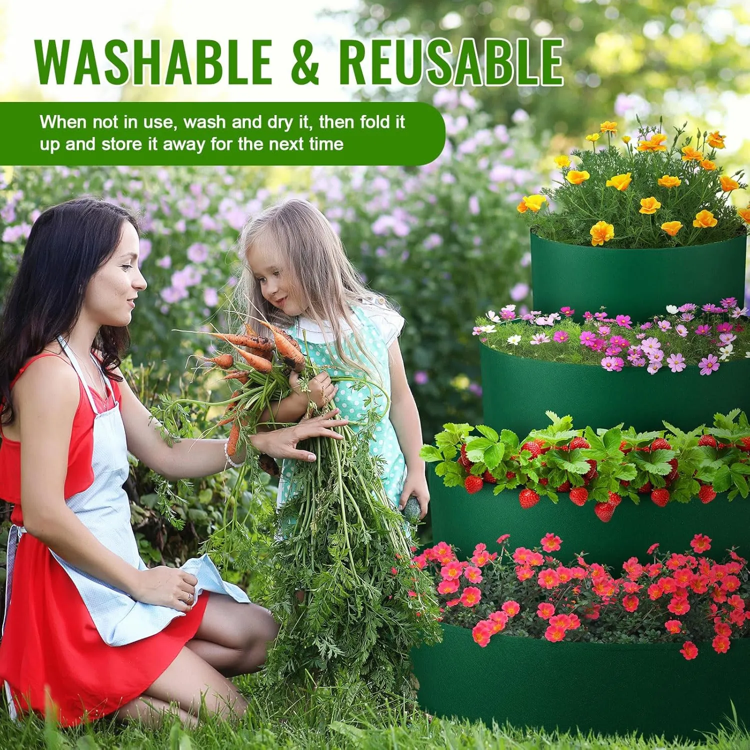 8 Pcs Tiered Strawberry Planter Fabric Raised Garden Planting Beds Heavy Duty Plant Grow Bags Breathable Non Woven Container for Vegetables Flower Herbs Gardening Outdoor (Green)
