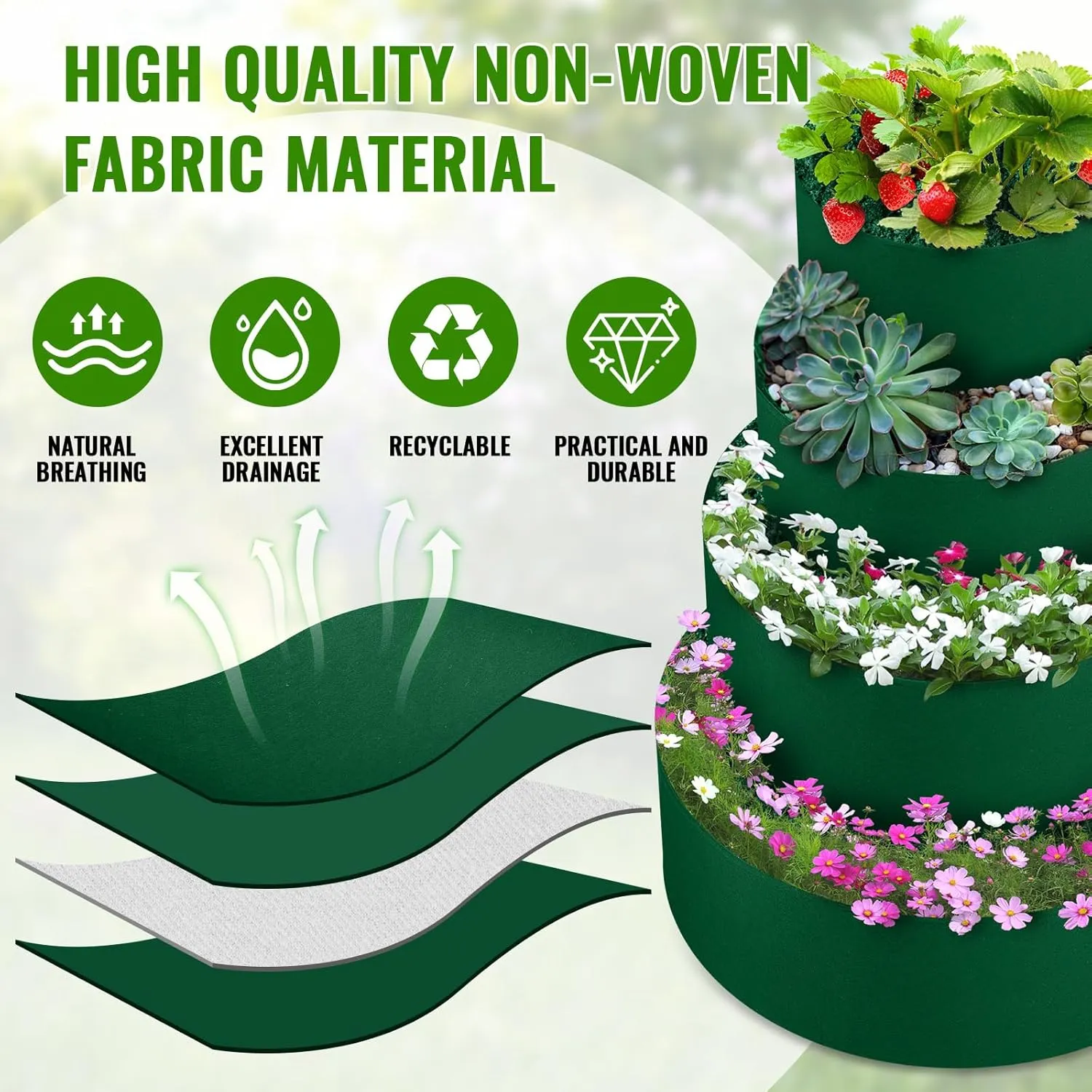 8 Pcs Tiered Strawberry Planter Fabric Raised Garden Planting Beds Heavy Duty Plant Grow Bags Breathable Non Woven Container for Vegetables Flower Herbs Gardening Outdoor (Green)