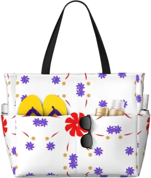 8-way rotating flower Print 28L Large Beach Tote Bag, 7 Pockets Waterproof Travel Shoulder Bag, Gym Oversized Tote