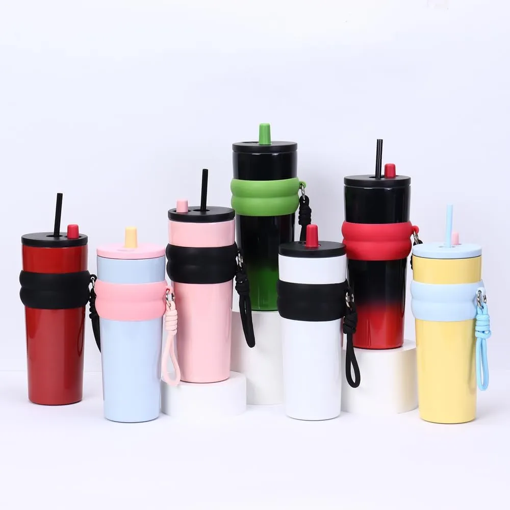 800ml Large Capacity 304 Stainless Steel Insulated Water Bottle, Portable Outdoor Straw Cup, Non-Slip, Leak-Proof, Car Cup (Red&Black 1)