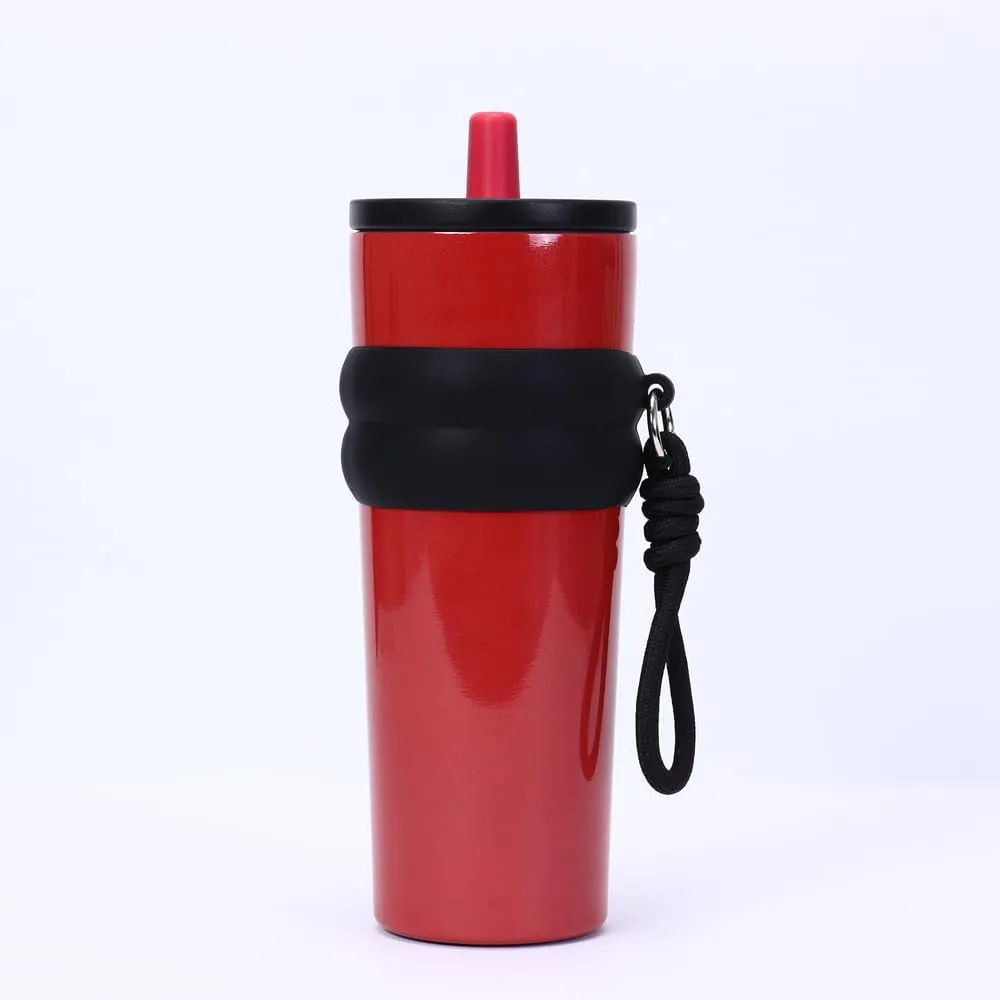 800ml Large Capacity 304 Stainless Steel Insulated Water Bottle, Portable Outdoor Straw Cup, Non-Slip, Leak-Proof, Car Cup (Red&Black 1)