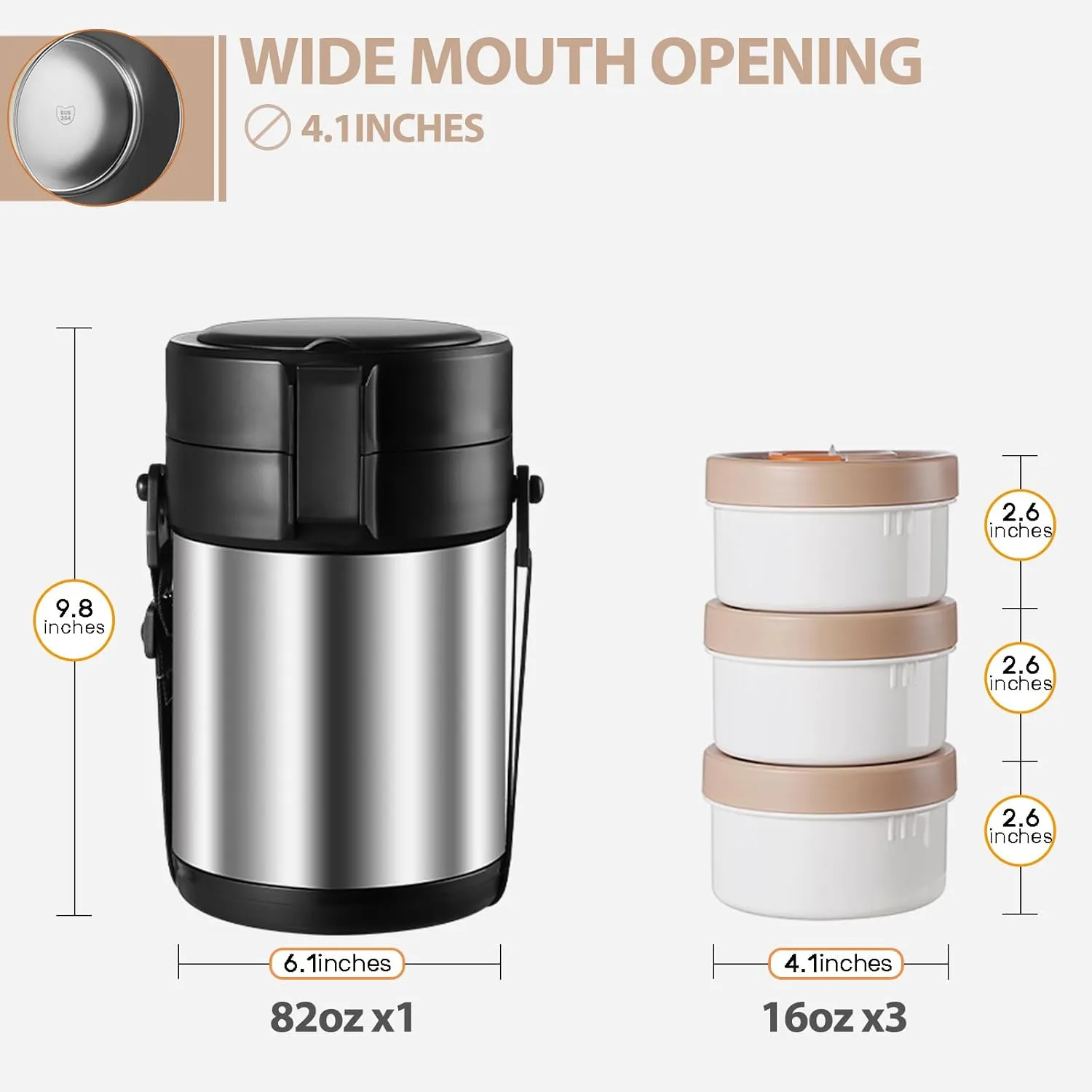 82oz Thermo Container For Hot Food, 3 Tier Wide Mouth Insulated Stackable Food Container, lunch box for Work Office Outdoors Picnic (Stainless steel)