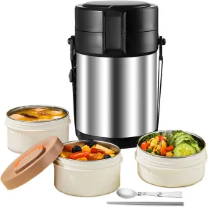 82oz Thermo Container For Hot Food, 3 Tier Wide Mouth Insulated Stackable Food Container, lunch box for Work Office Outdoors Picnic (Stainless steel)