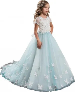 ABAO SISTER Elegant Lace Applique Floor Length Flower Girl Dress Wedding Birthday Pageant Ball Gown