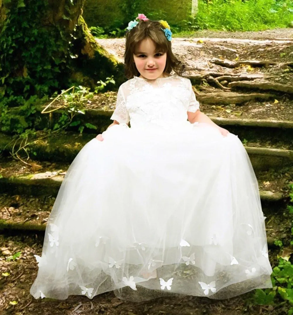 ABAO SISTER Elegant Lace Applique Floor Length Flower Girl Dress Wedding Birthday Pageant Ball Gown