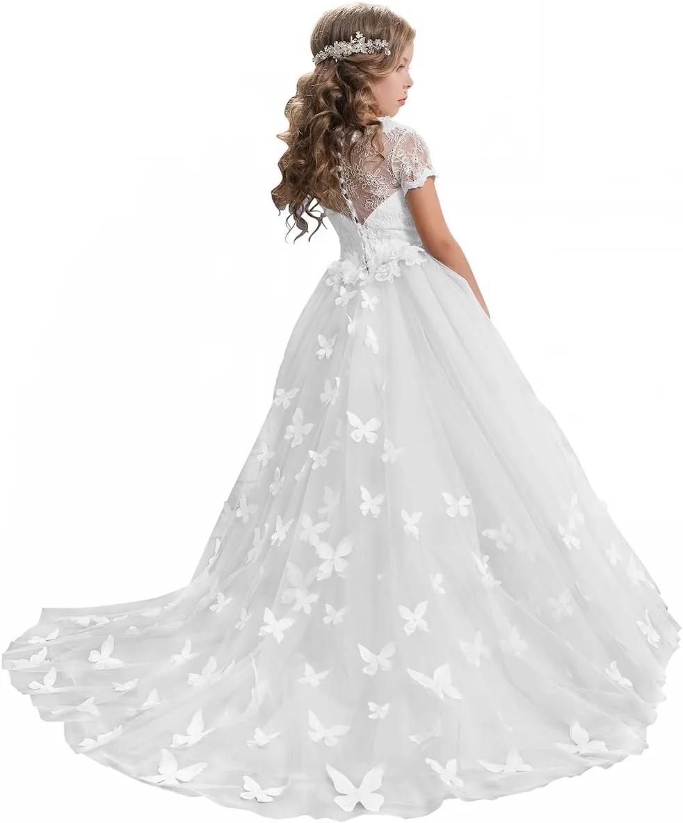 ABAO SISTER Elegant Lace Applique Floor Length Flower Girl Dress Wedding Birthday Pageant Ball Gown