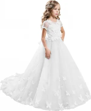 ABAO SISTER Elegant Lace Applique Floor Length Flower Girl Dress Wedding Birthday Pageant Ball Gown