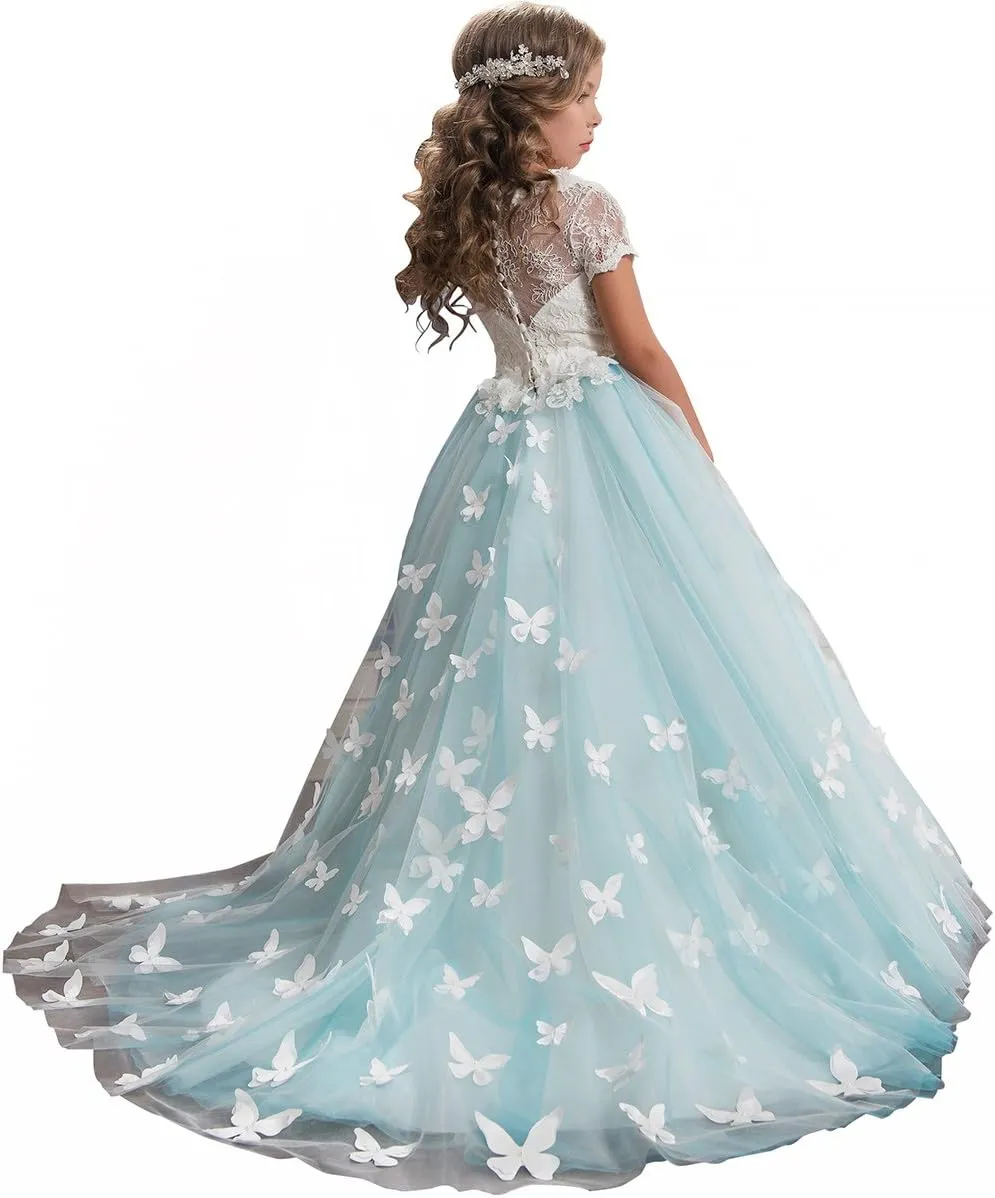 ABAO SISTER Elegant Lace Applique Floor Length Flower Girl Dress Wedding Birthday Pageant Ball Gown