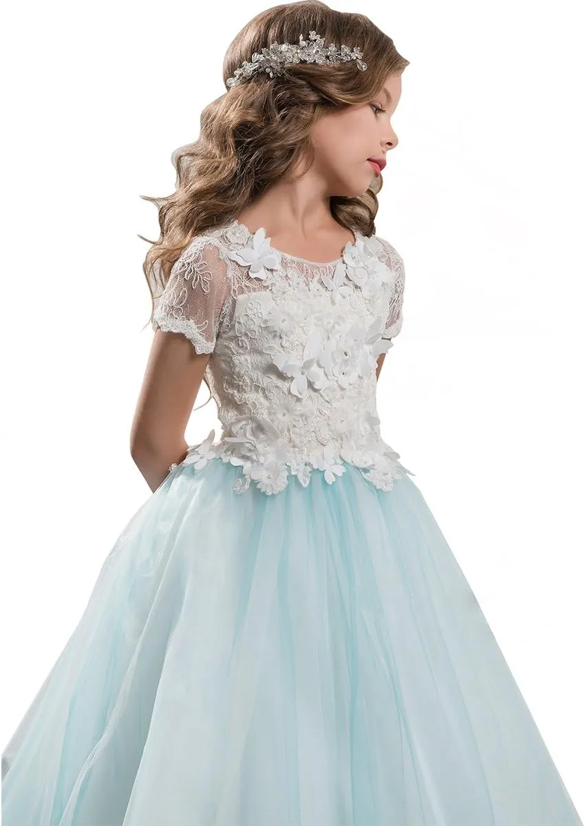 ABAO SISTER Elegant Lace Applique Floor Length Flower Girl Dress Wedding Birthday Pageant Ball Gown