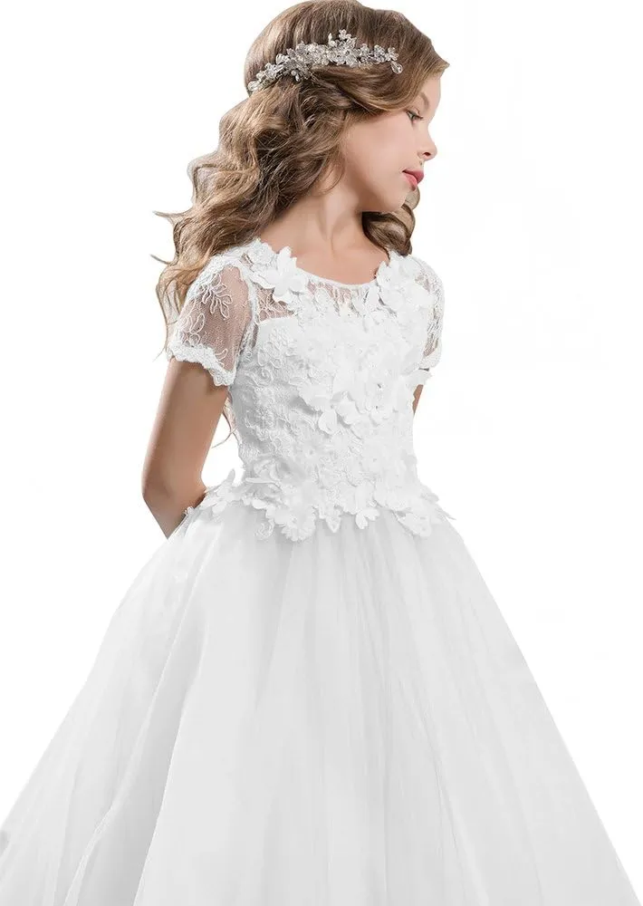 ABAO SISTER Elegant Lace Applique Floor Length Flower Girl Dress Wedding Birthday Pageant Ball Gown
