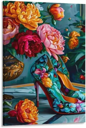 Abstract Style Multicolor Peony Flower Floral High Heels Canvas Painting Wall Art Poster for Bedroom Living Room Decor 24x36inch(60x90cm) Frame-style
