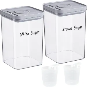 Airtight Brown Sugar Keeper & White Sugar Container, 80Oz/2.4Qt Stackable Clear Pop Lid Containers for Sugar Flour Rice, One-Touch Opening