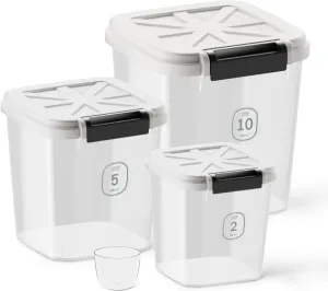 Airtight Dog food storage container with lids,Dog Treat Container With Measuring cup,Dry Pet Food storage bin for Dogs,Cats and Birds, 3in1 set