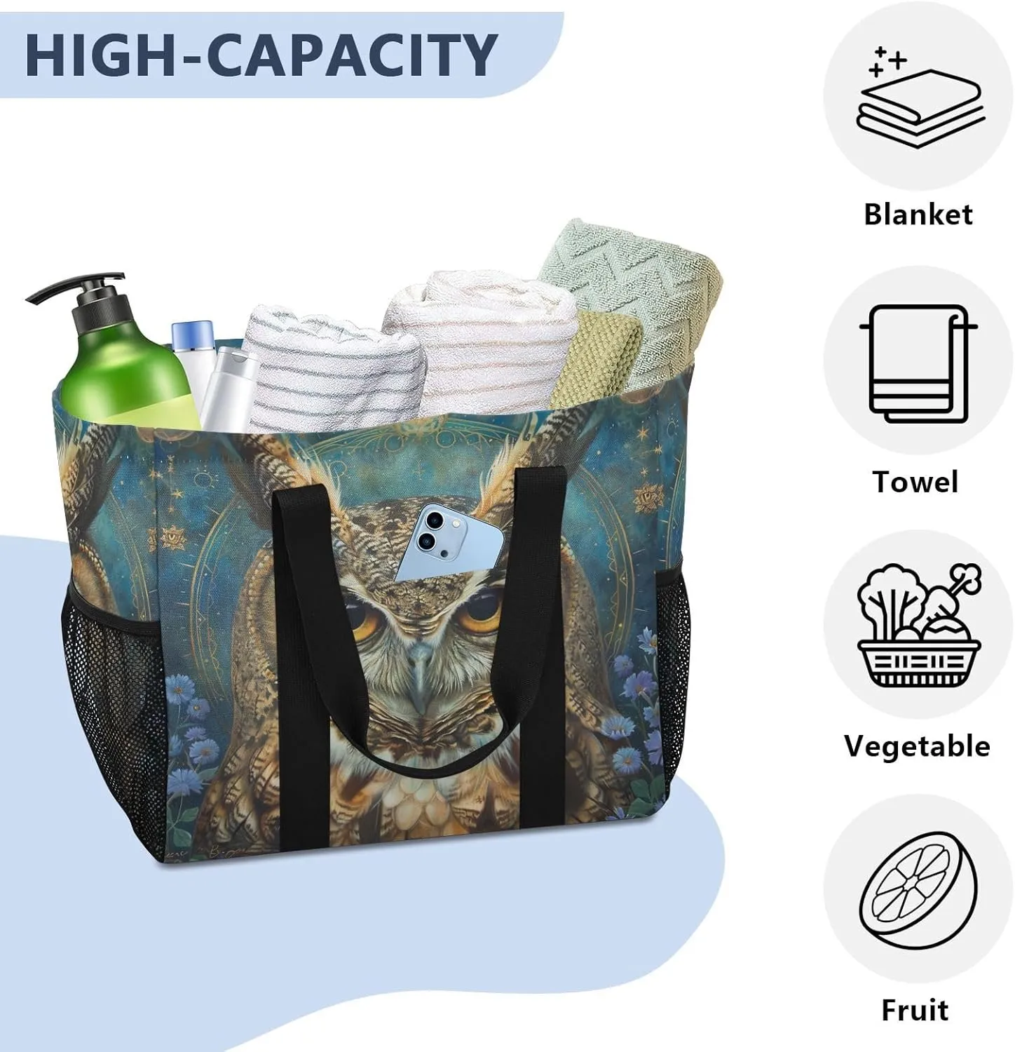 ALAZA Boho Owl Flower Waterproof Beach Tote Bags