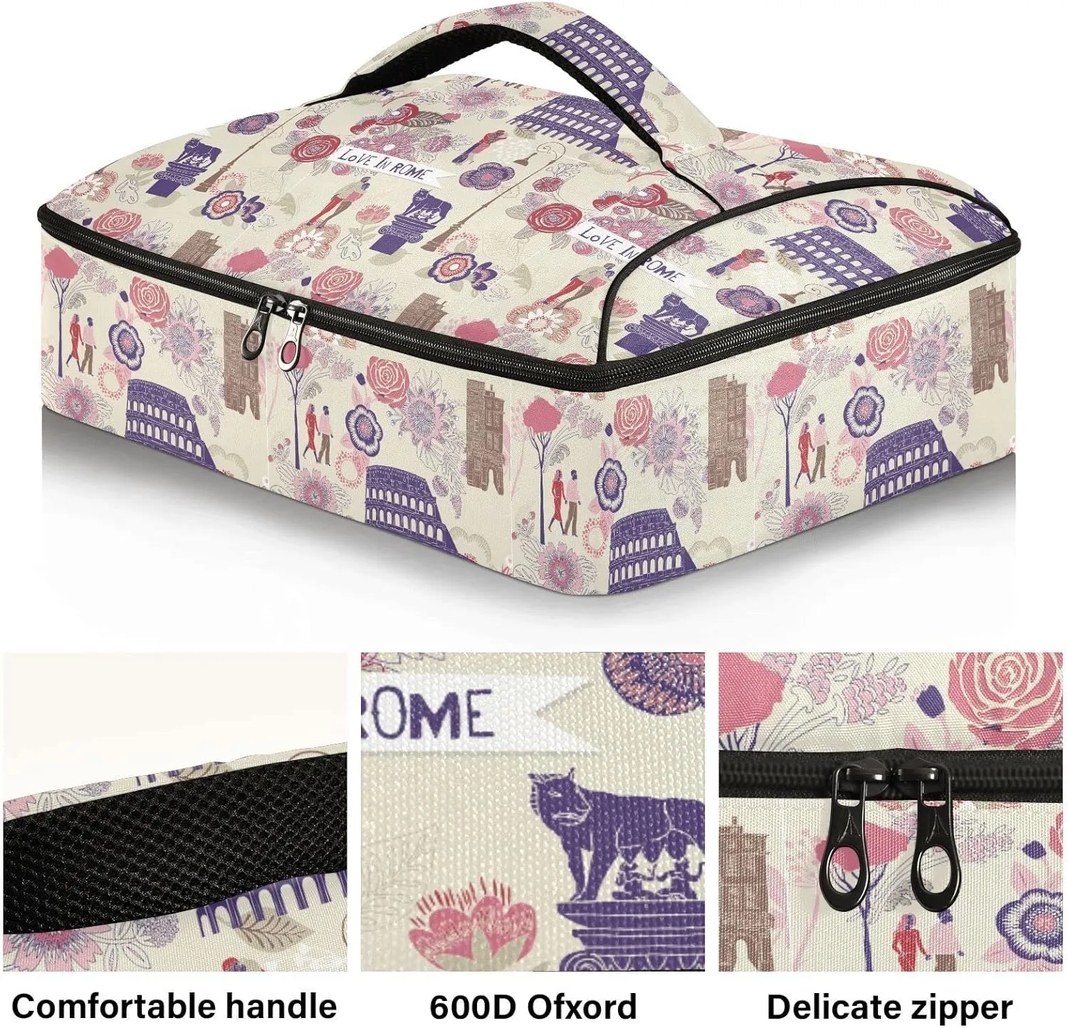 ALAZA Insulated Casserole Carrier, Love in Rome Lunch Bag for Potluck Parties, Picnic and Cookouts