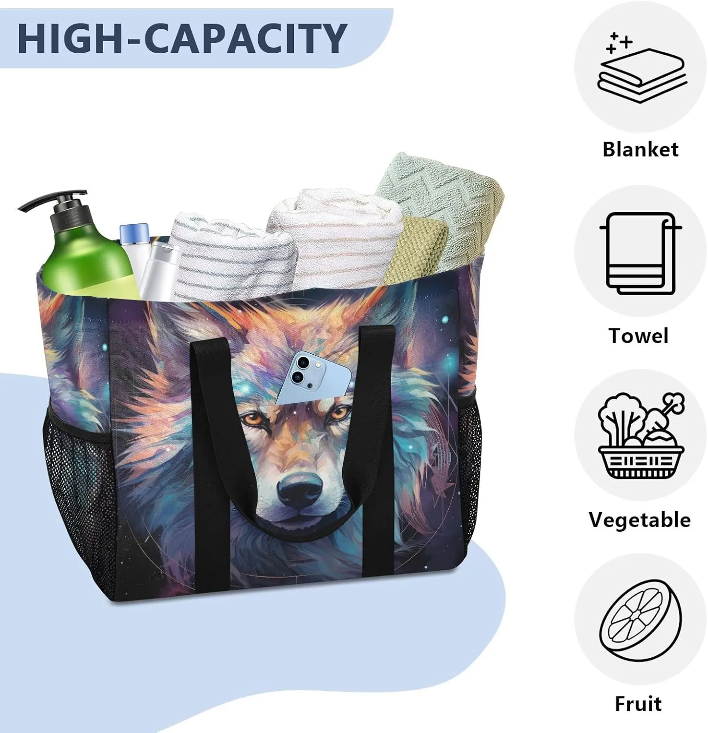 ALAZA Wolf Portrait Flower Waterproof Beach Tote Bags