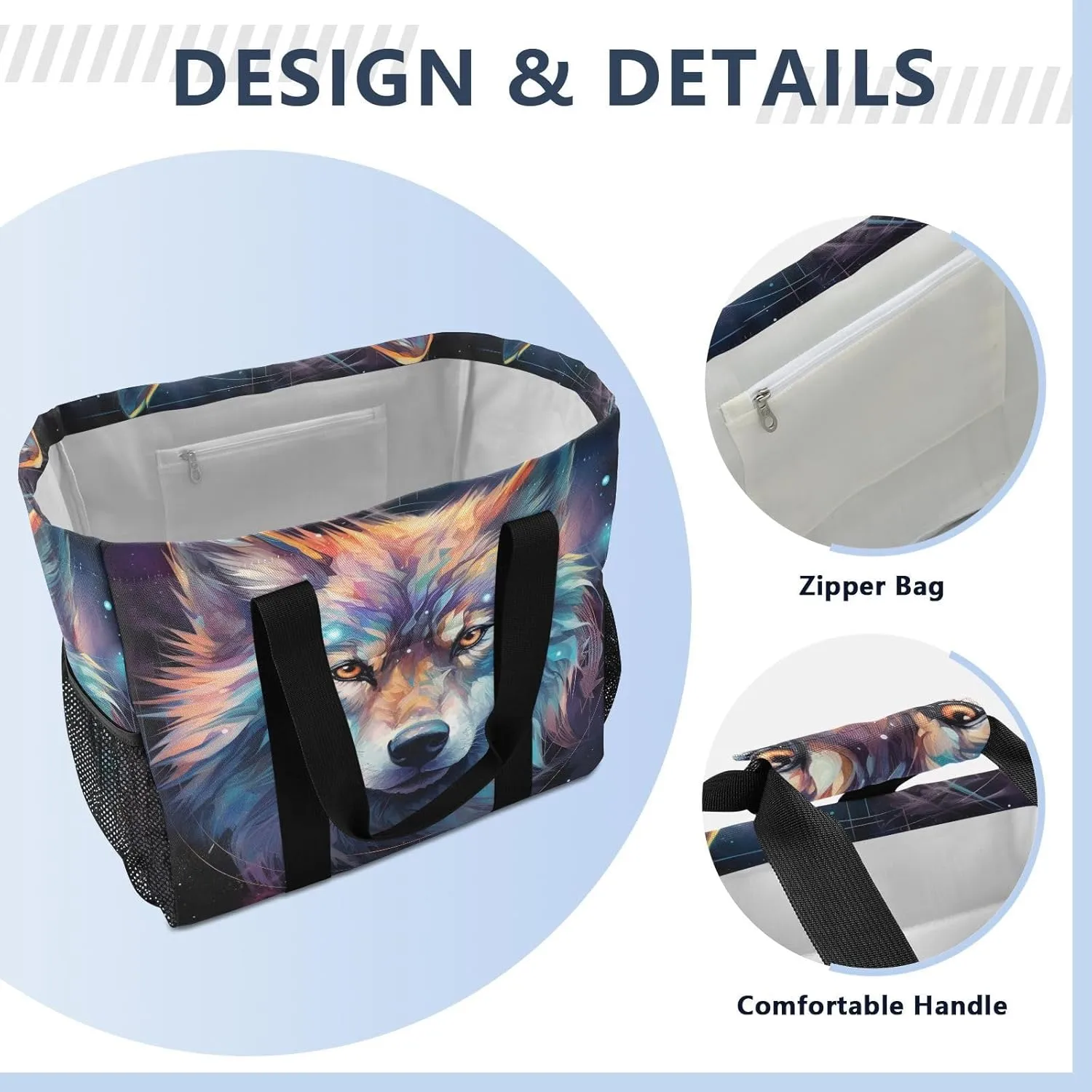 ALAZA Wolf Portrait Flower Waterproof Beach Tote Bags