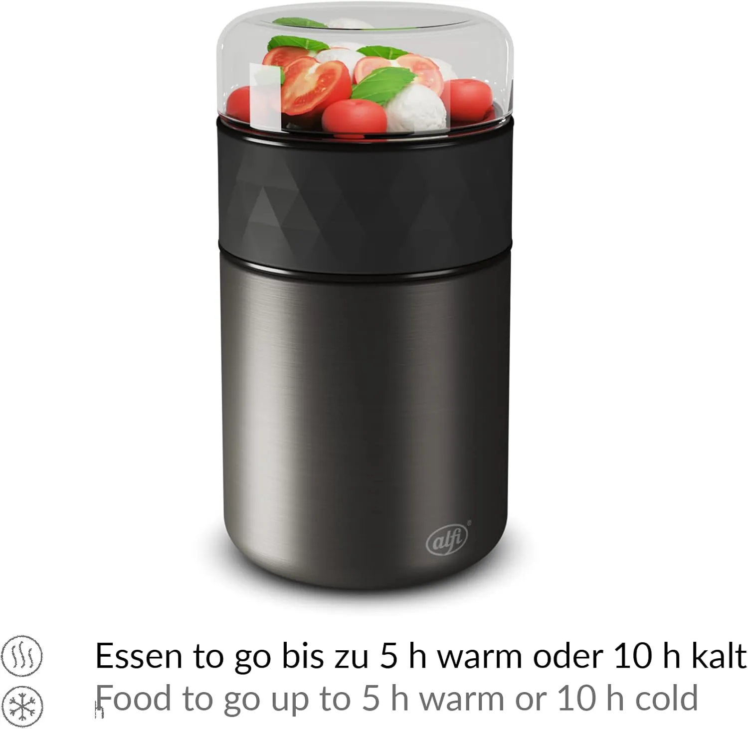alfi Thermal Food Container, Lunch Pot, Endless, Stainless Steel, Black, 350 ml   150 ml Snack Pot for Toppings, Food Container for Cereal on The Go, Leak-Proof, BPA-Free, 5 Hours Hot, 10 Hours Cold