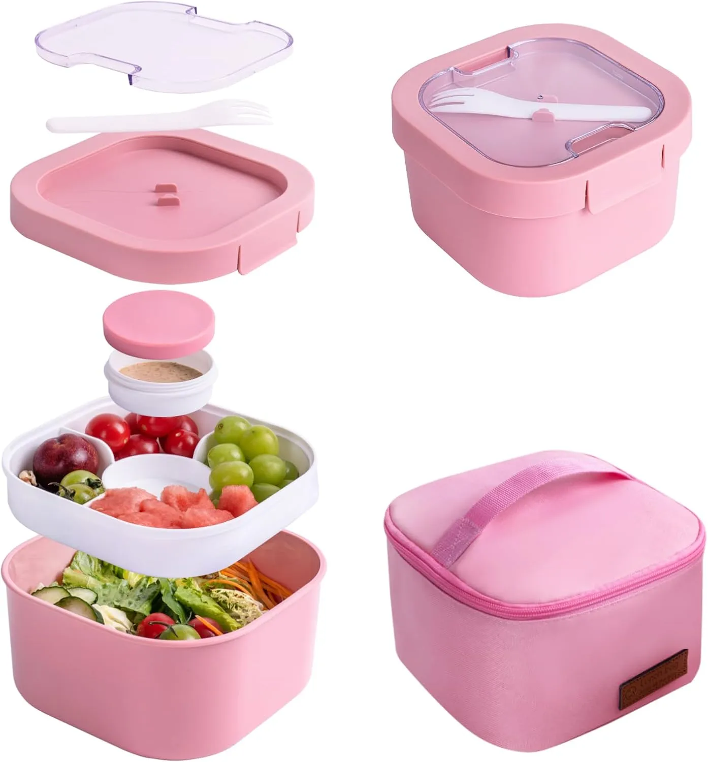 All-in-One Bento Box Container - Large 61-oz Adult Lunch Box with Bag, 4-Compartment Bento-Style Tray, 3-oz Sauce Container, and Reusable Fork - Dishwasher, Microwave (red)