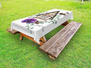 Ambesonne Anemone Flower Outdoor Tablecloth, Watercolor Layout Happy Home House in Alpine Style White Stork Nest, Decorative Washable Picnic Table Cloth, 58" X 104", Green Purple Brown