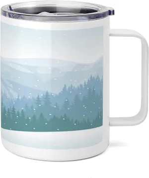 Ambesonne Blue Sky 10 Oz Steel Mug, Continuous Wilderness Pine Trees Mountains Winter Time Snowflakes Theme, Vacuum Insulated Leak-resistant Cup for Outdoor Hiking and Picnics, Cadet Blue Pale Blue