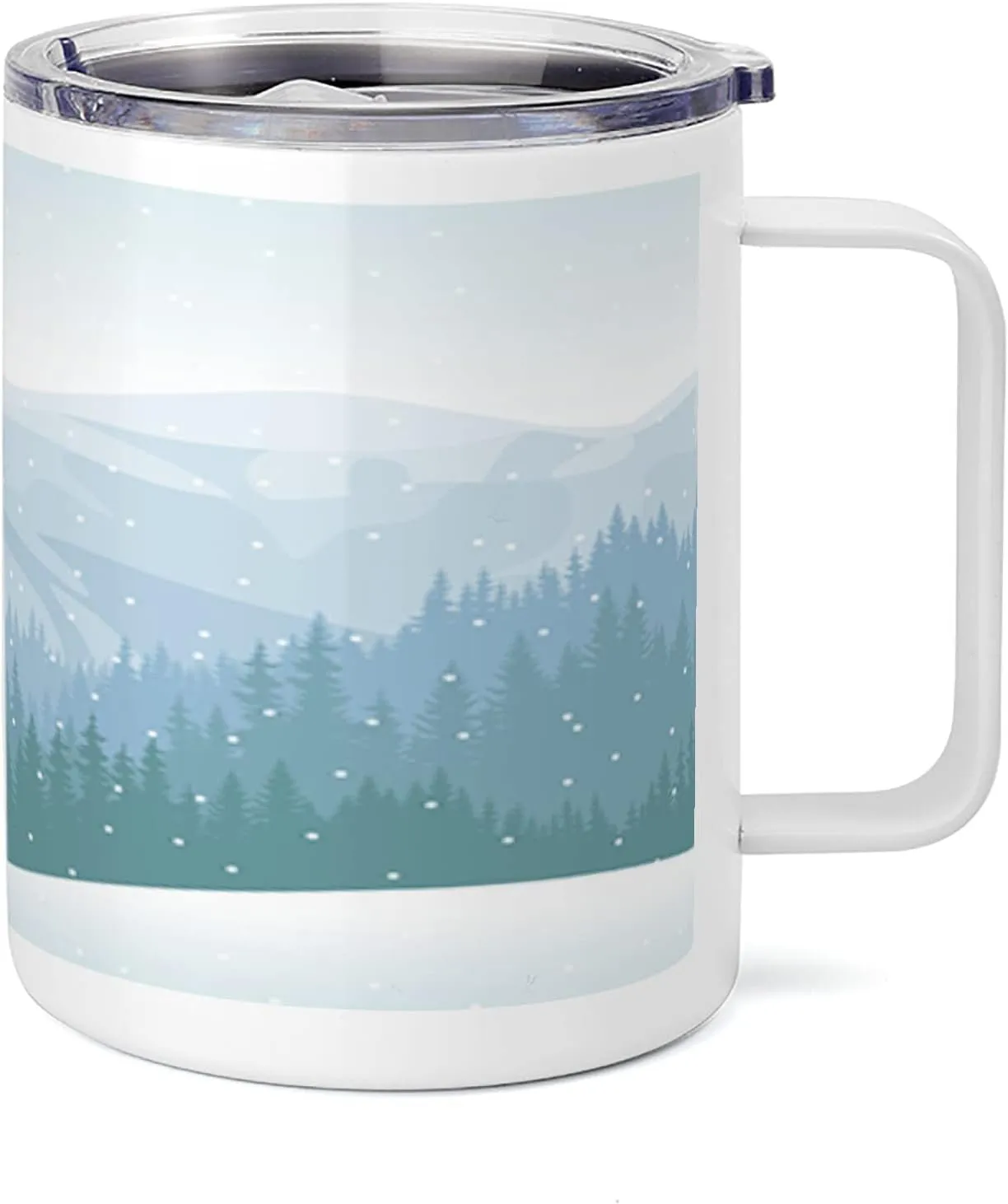 Ambesonne Blue Sky 10 Oz Steel Mug, Continuous Wilderness Pine Trees Mountains Winter Time Snowflakes Theme, Vacuum Insulated Leak-resistant Cup for Outdoor Hiking and Picnics, Cadet Blue Pale Blue