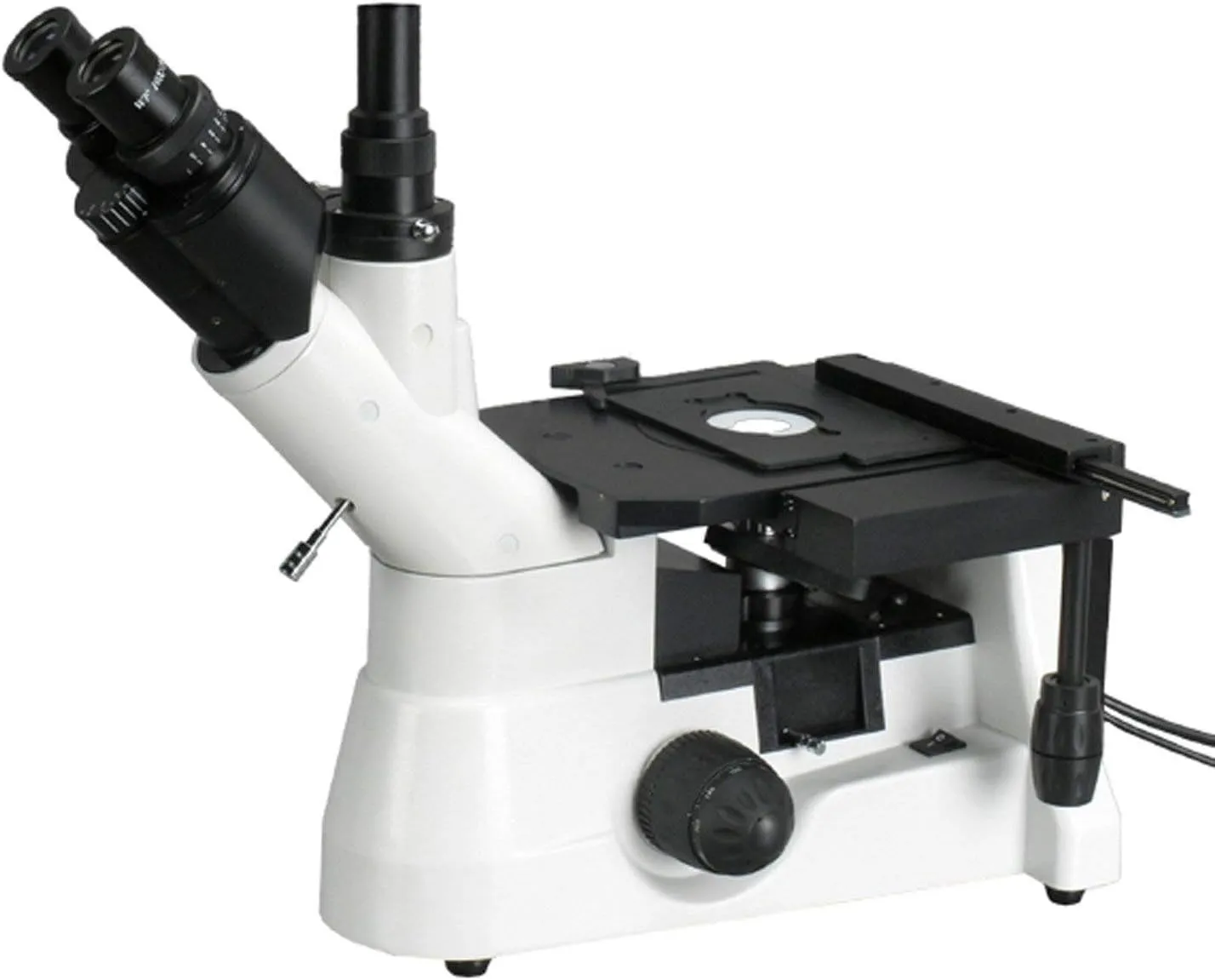 AmScope ME1400TB Inverted Trinocular Metallurgical Microscope, 40X-800X Magnification, WF10x and WF20x Eyepieces, WF10x Eyepiece with Reticle, Kohler Condenser, 30W Halogen Illumination with Rheostat, Double-Layer Mechanical Stage, 85-230V