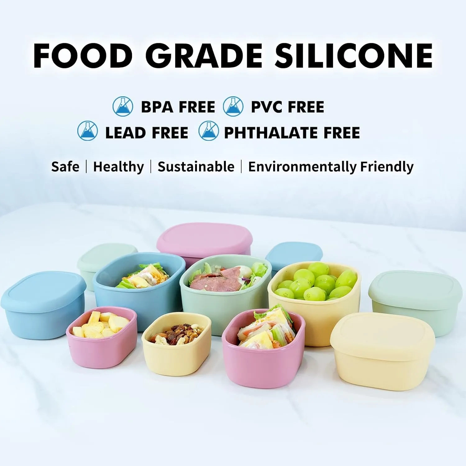 Anatole Silicone Food Storage Containers Set of 3 Lunch Box Bento with Lids BPA Free Dishwasher Microwave Oven Freezer Safe (6.7oz, 10oz, 20oz)