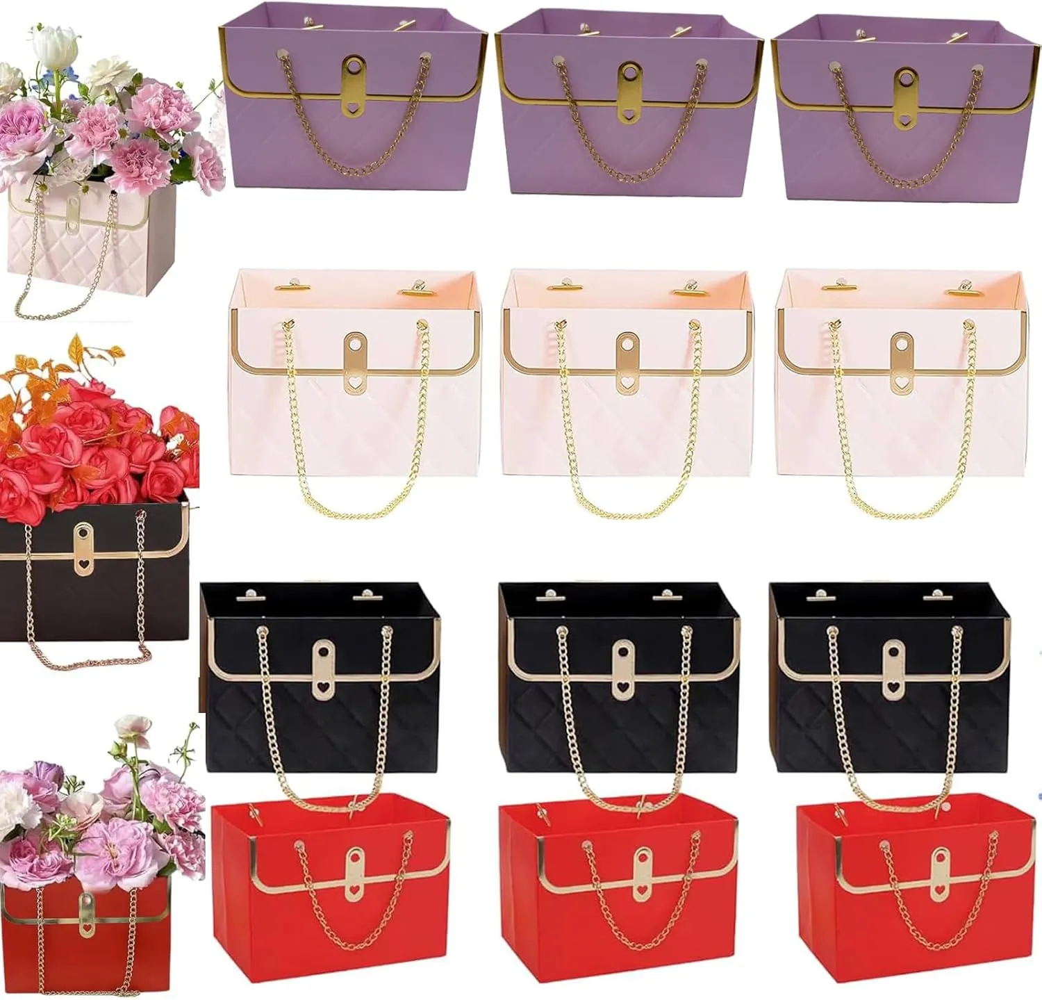 Ankysasky 12Pcs Paper Flower Gift Bags with Metal Chain, Rectangular Bouquet Storage Bucket Florist Bag Handbag, Multiple Occasions (Pink, Black, Red, Purple, Beige)