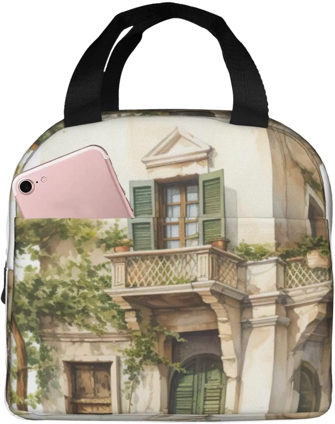 Antique Building With Roman Olive Branch And Greek Print Insulated Lunch Bag Portable Cooler Thermal Tote Bag For Work,Picnic,Beach Travel