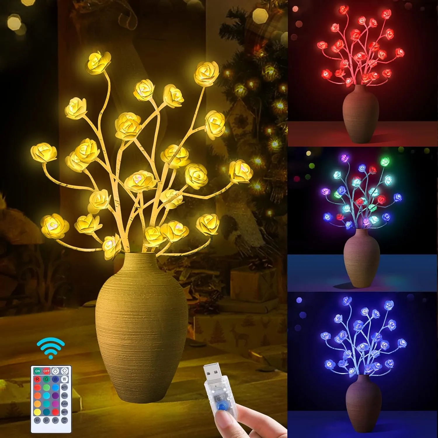 Anycosy Color Changing Lighted Rose Tree, Rose Flower Table Lamp with Remote Control, 24 LED Lighted Rose Flower with USB for Valentine's Day 2 Pack