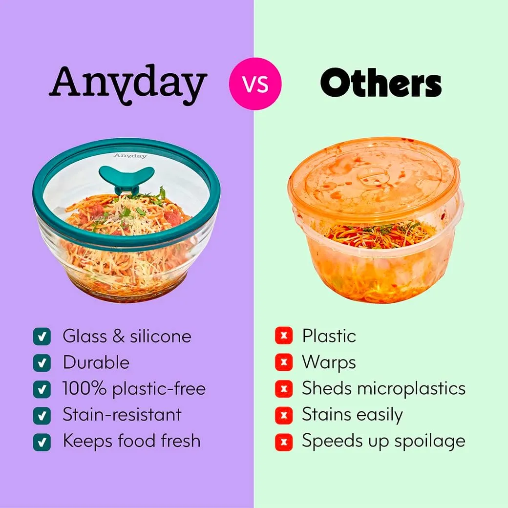 Anyday 4-Cup Glass Food Storage with Glass Lid, Round Shallow Dish | Plastic-Free Meal Prep & Microwave Cookware | Stackable Airtight Storage Container with Vented Lid for Microwave-Safe Reheating