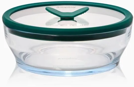 Anyday 4-Cup Glass Food Storage with Glass Lid, Round Shallow Dish | Plastic-Free Meal Prep & Microwave Cookware | Stackable Airtight Storage Container with Vented Lid for Microwave-Safe Reheating