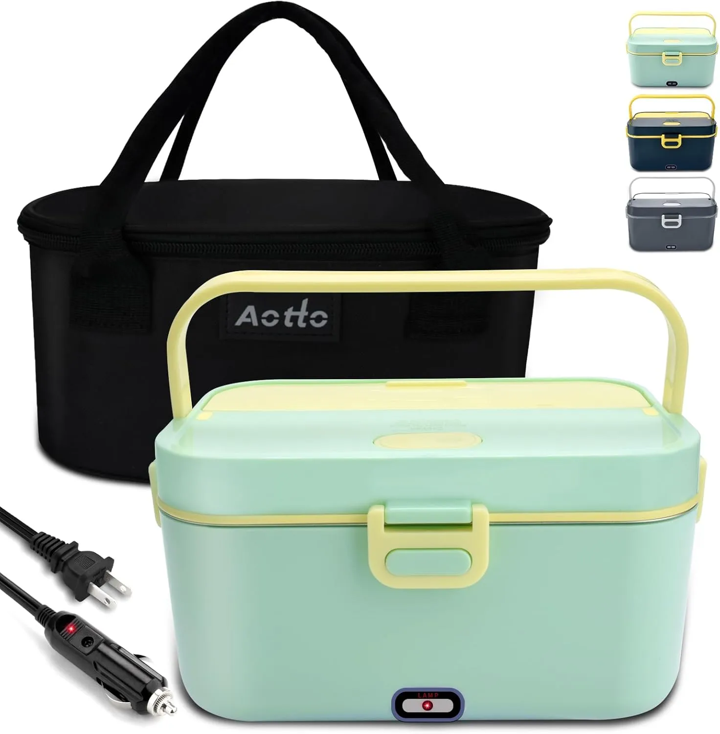 Aotto Electric Lunch Box 2L, 90W Fast Heating (12V/24V/110V) Heated Portable Food Warmer for Car/Truck/Office – Stainless Steel Container, Insulated Carry Bag – Ideal for Adults, Men, Women, Green