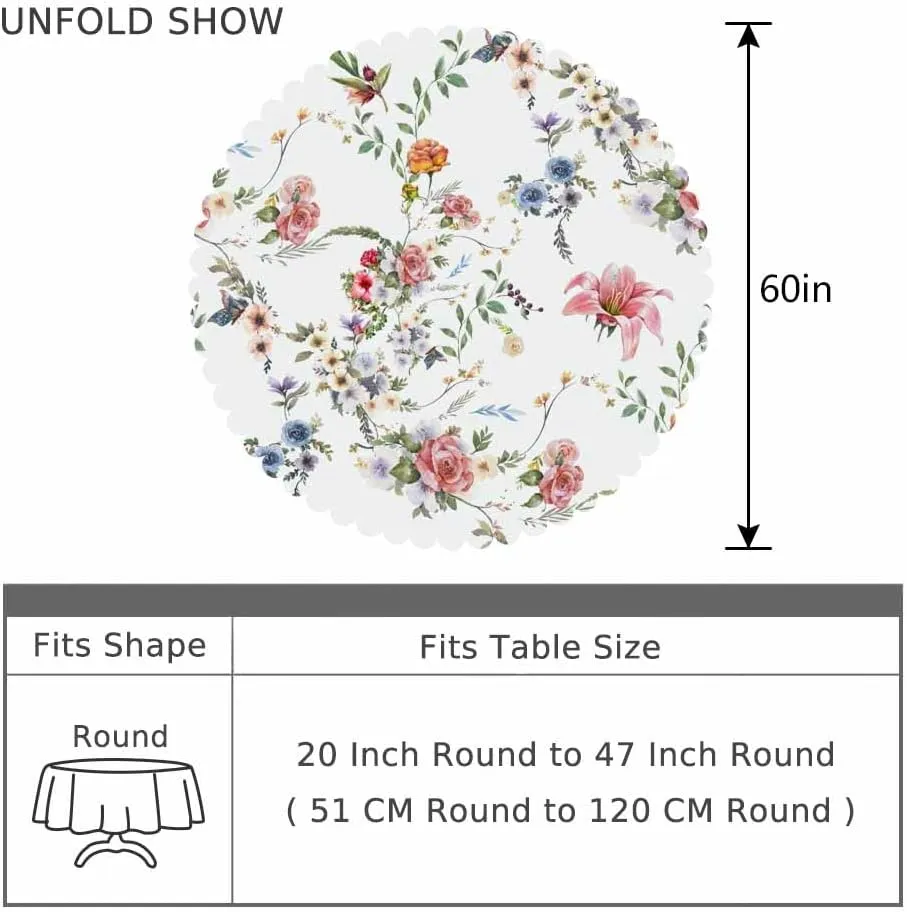 AOYEGO Colorful Flower Table Cloth Rose Lily Hibiscus Bouquet Branches Leaves Nature Spring Round Tablecloth 60 Inch for Dining Room, Party, Banquet